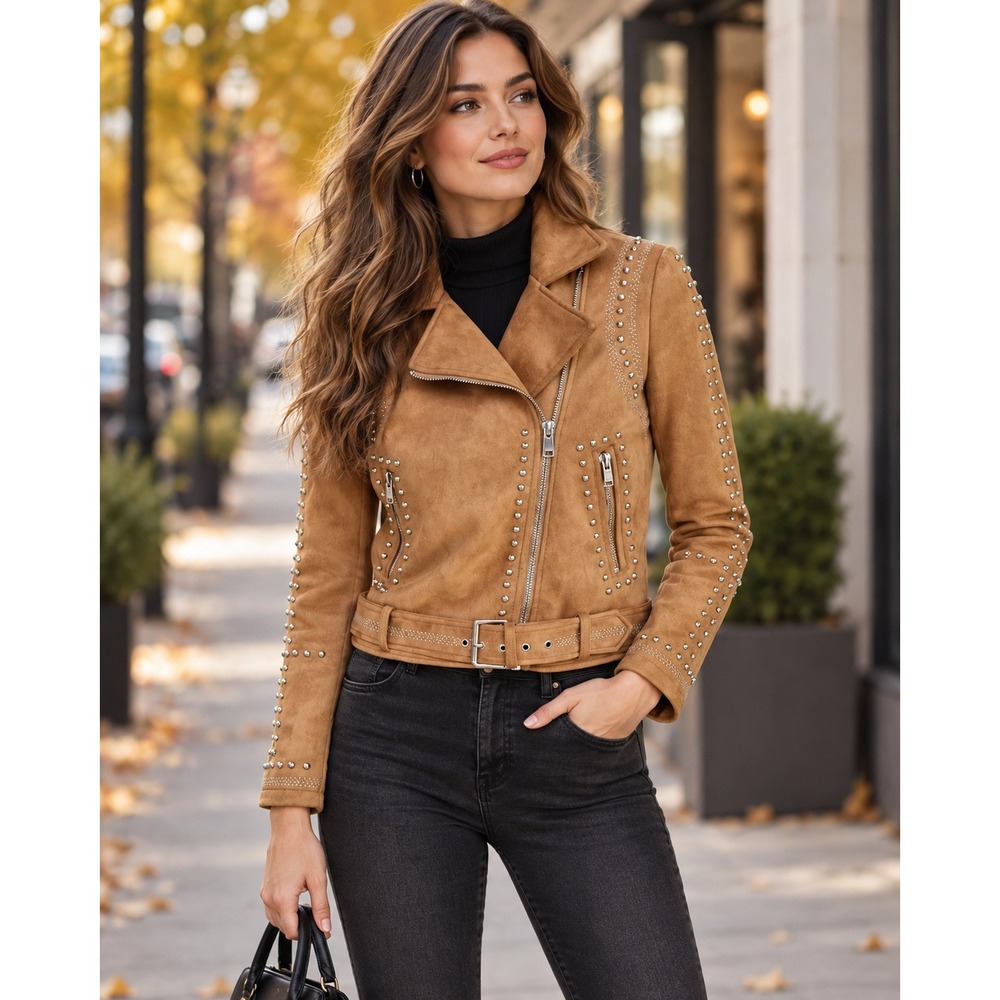 BKE Faux Suede Studded Stretch Asymmetrical Zip Moto Jacket Chestnut Brown Small